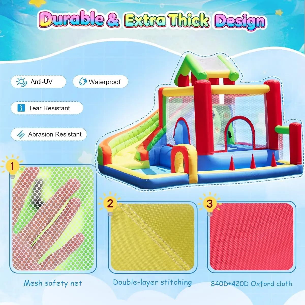 미끄럼틀이 있는 바운스 하우스 7-in-1 어린이용 인플레이터블 놀이터 3-10세 대형 점프 구역, 볼 풀, 상업용 블로워 포함
