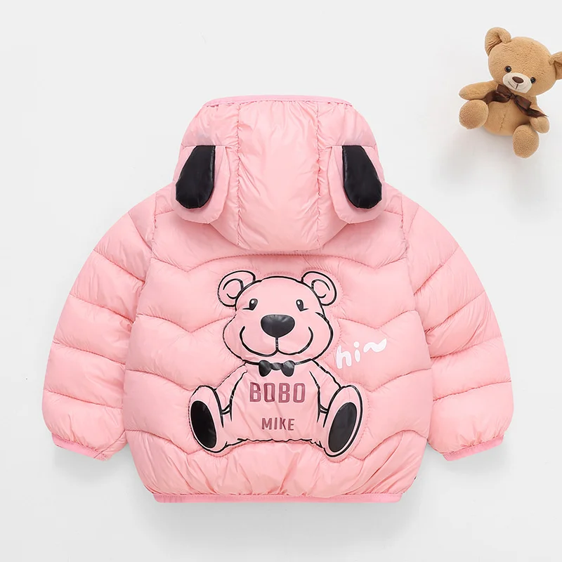 New Baby Cartoon Down Coats 2024 Winter Boys Girls Thin Warm Jackets Kids Bear Print Zipper Coat Children Hooded Short Outerwear