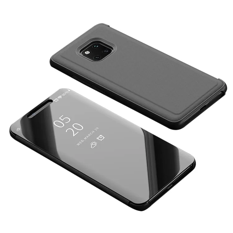 

For Huawei Mate 20 Pro View Window Plated Mirror Surface Mobile Phone Leather Stand Case Fingerprint-Free - Black