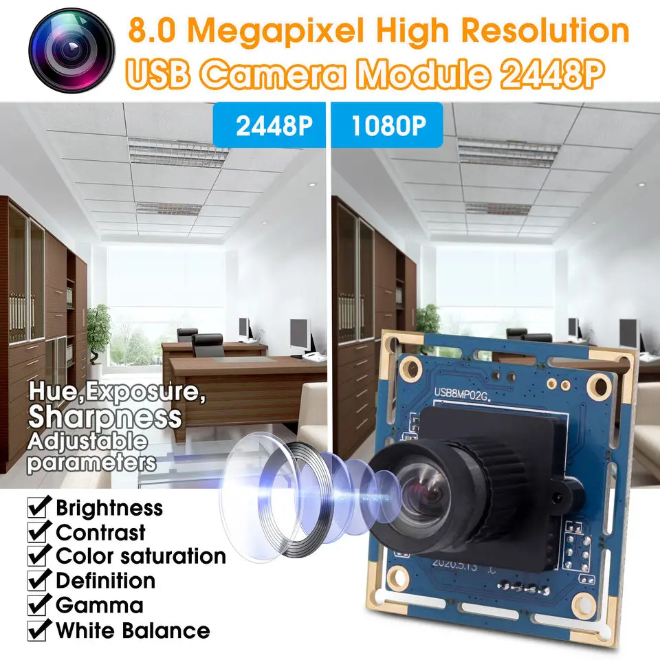 8MP Lightburn Camera Module High Resolution No Distortion Lens 4K Webcam Board IMX179  USB Computer Camera for Scanning