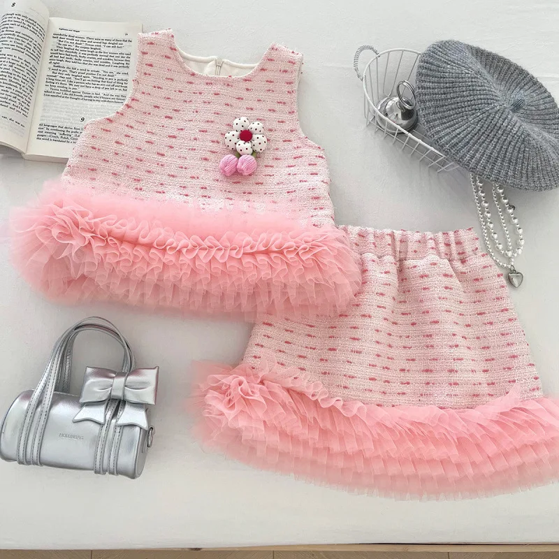 

Children's Set New Winter Girls' Vest Dress Short Skirt Sweet Girl Fleece Vest Dress Two-Piece Set