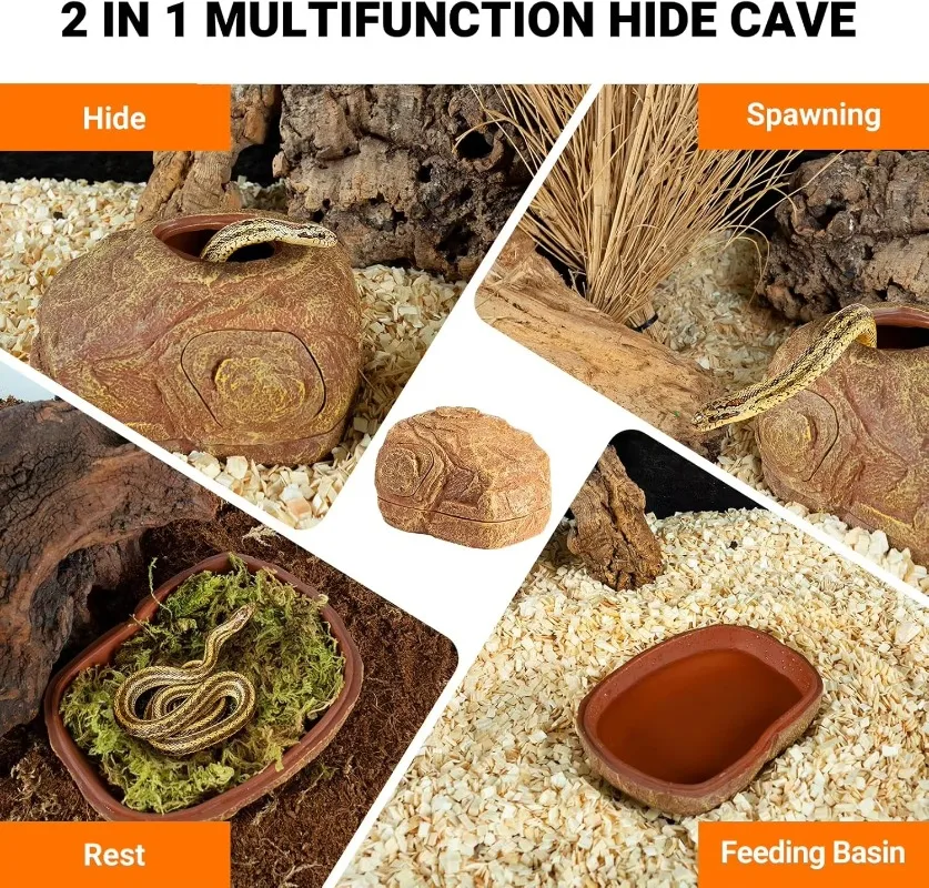 REPTIZOO 2-Hole Resin Hide Cave for Reptiles & Amphibians — Eco-Friendly Habitat Decor for Corn Snake, Leopard