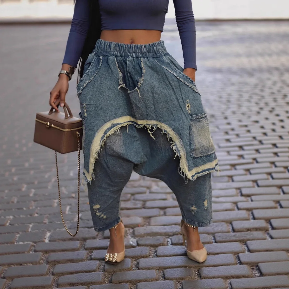 

Women's Denim Harem Pants Patchwork Ripped Jeans Elastic Waist Loose Stretchy Trendy Barrel Jeans with Pockets