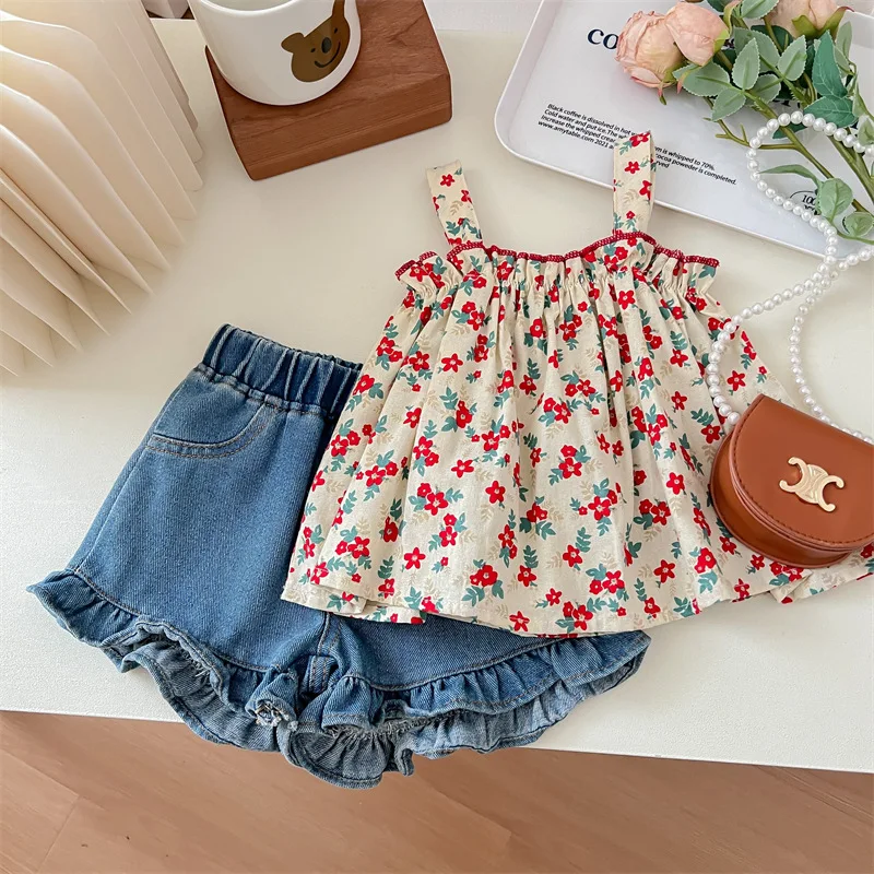 

Girls Clothes Suit New Summer Fashion Baby Girl Korean Style Foreign Style Halter Rural Style Shorts Fashion 2-piece Set