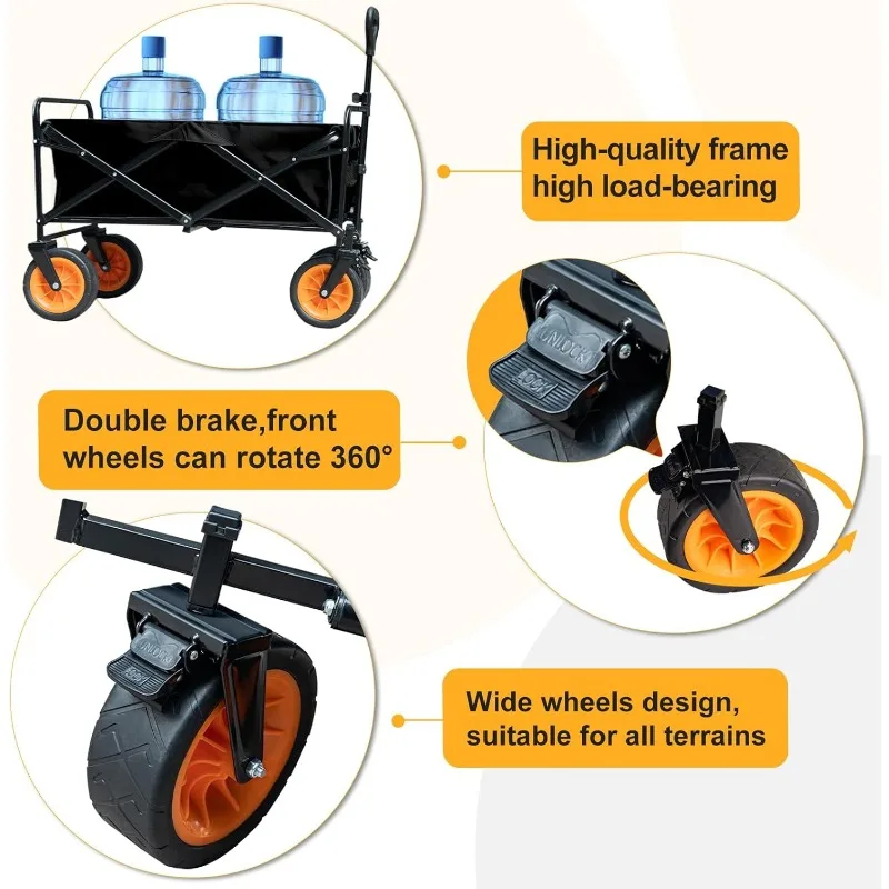 Wagon de plage pliable à grandes roues, chariot d'épicerie utilitaire avec poches latérales et freins, wagon pliant