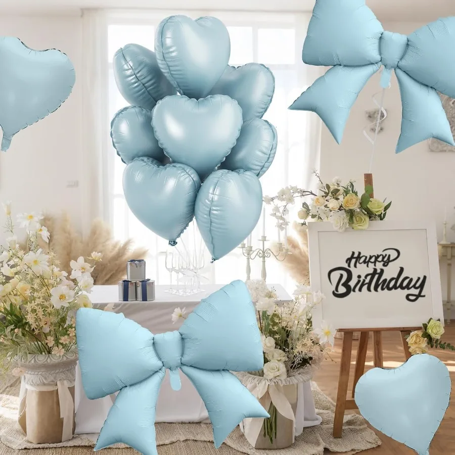 ベビーブルーのハート型バルーン、フォイルボウバルーン10個セット、18インチのハート型バルーンと38インチのヘリウムライトブルーボウフォイルバルーン