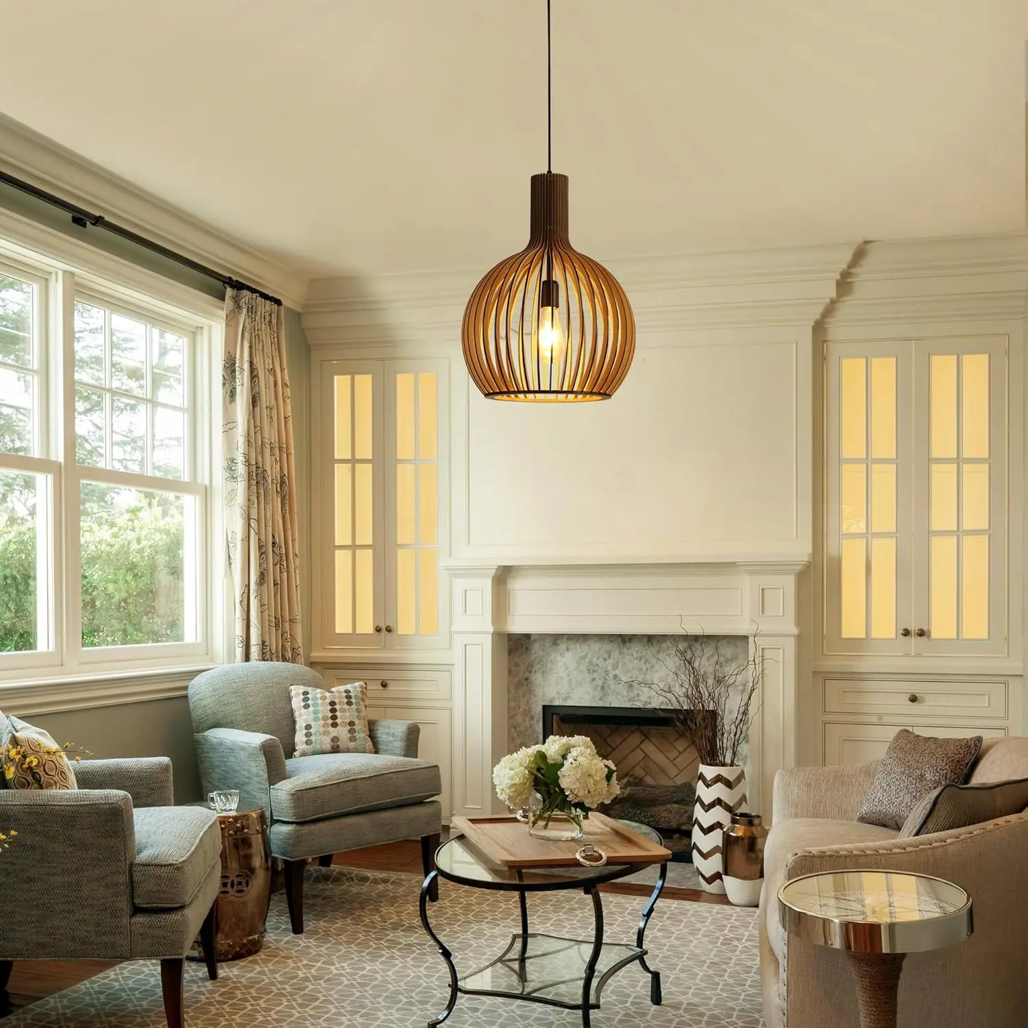 

13.4'' Walnut Color Solid Wood Cage Pendant Light Black Bamboo Lamp Lighting Fixtures for Farmhouse Dining Room Kitchen Island