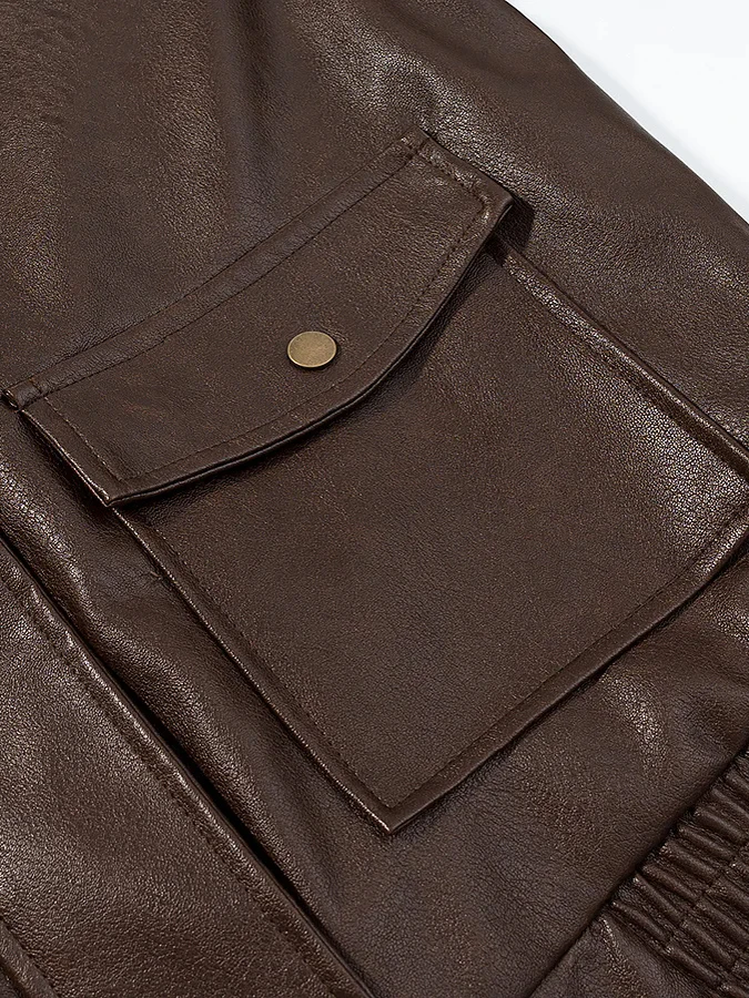 American Sle Vintage Faded Leather Jaet ملابس خارجية فضفاضة للتنحيف معطف من مادة البولي يوريثان لموسم الخريف للسيدات...