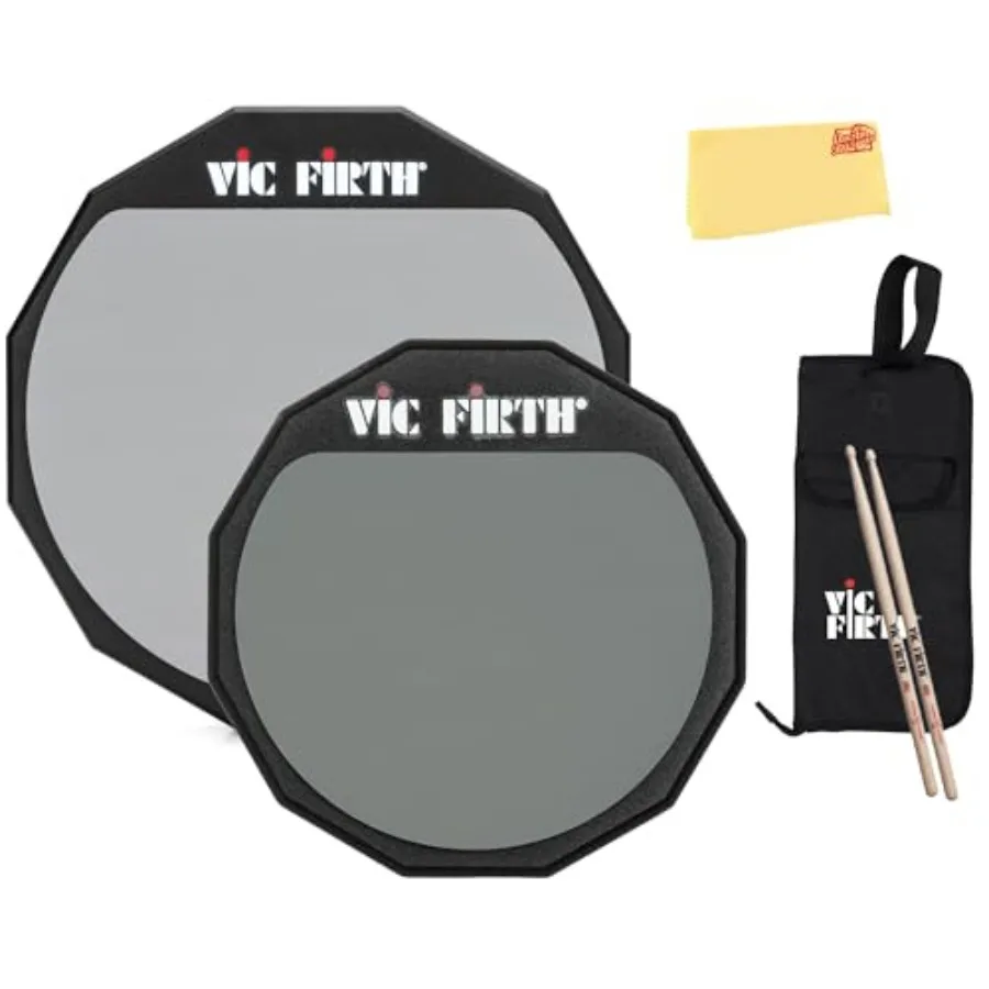 

Drum Practice Pad Bundle with 12 and 6 Double Sided Pad Pair of 5A Drumsticks Stick Bag and Polishing Cloth in Black for Home S