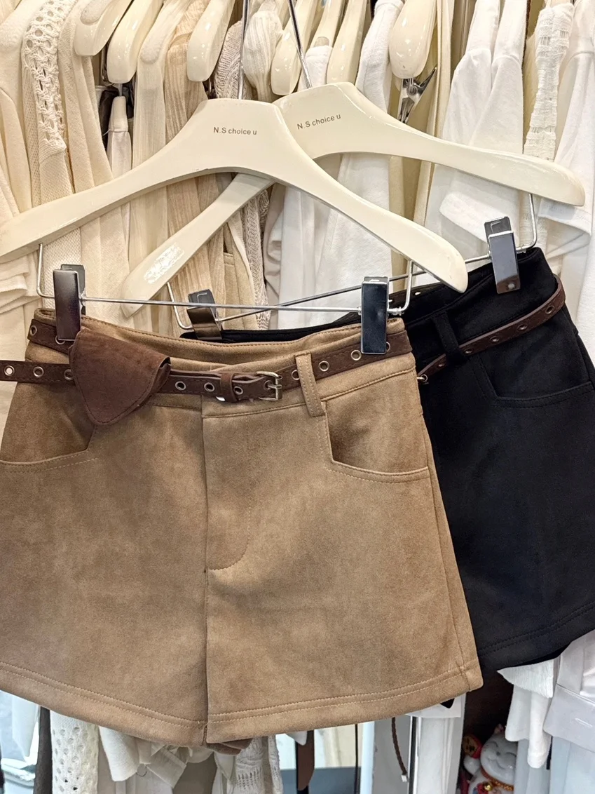 

Retro American Suede Casual Shorts Women's Autumn Winter New Style Slimming High Waist Bag Hot Pants Straight Leg High Waist