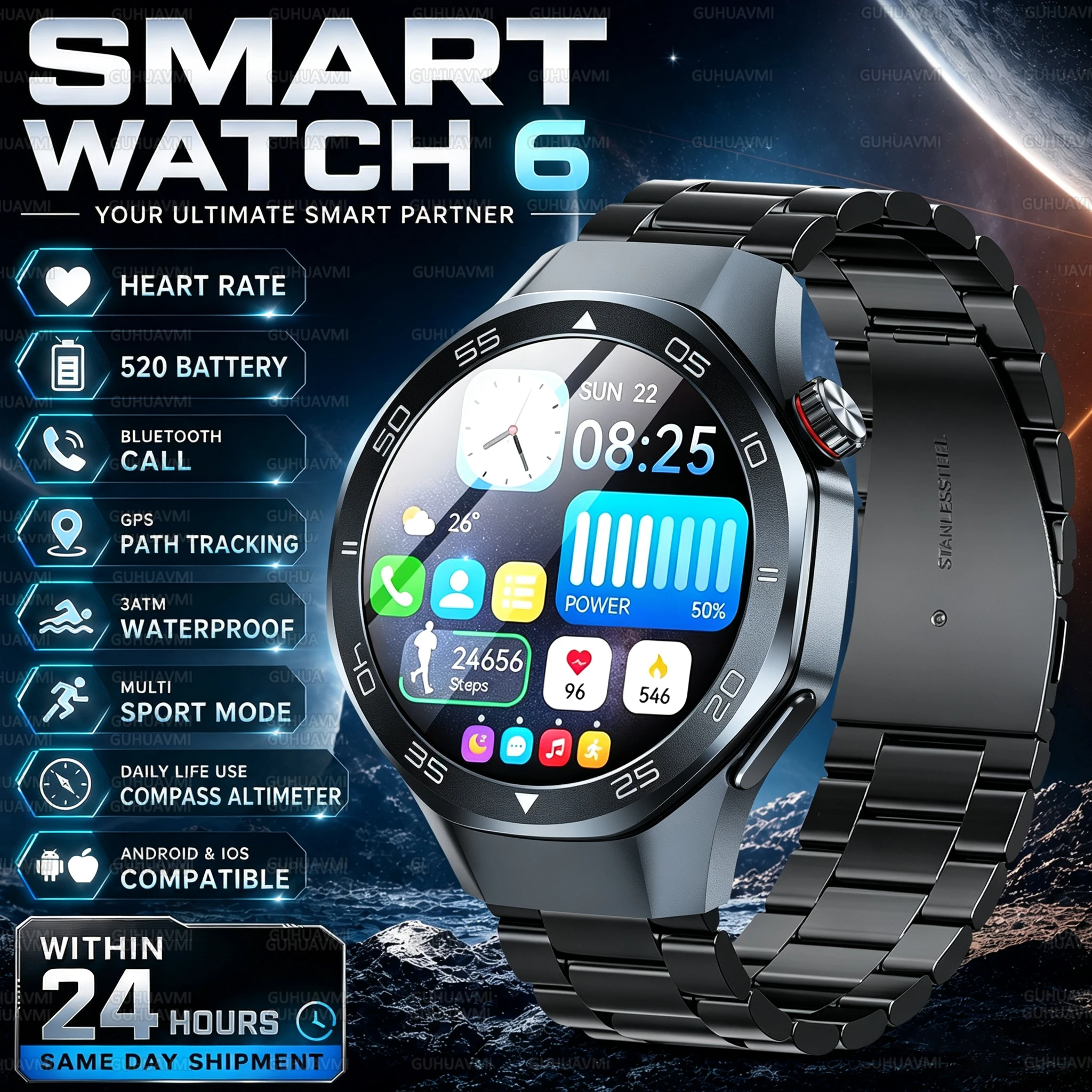 Smart Watch 6 Men Smart watch GPS Track 3ATM Waterproof Bluetooth Call Heart Rate Compass Altimeter Multi Sport Fitness Watch
