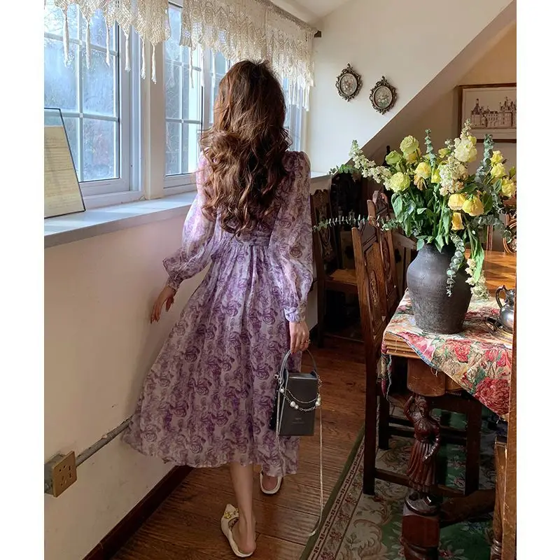 Printed French New Princess Skirt V-neck Slim Flared Sleeves Ruffled Lady Retro Dresses #4