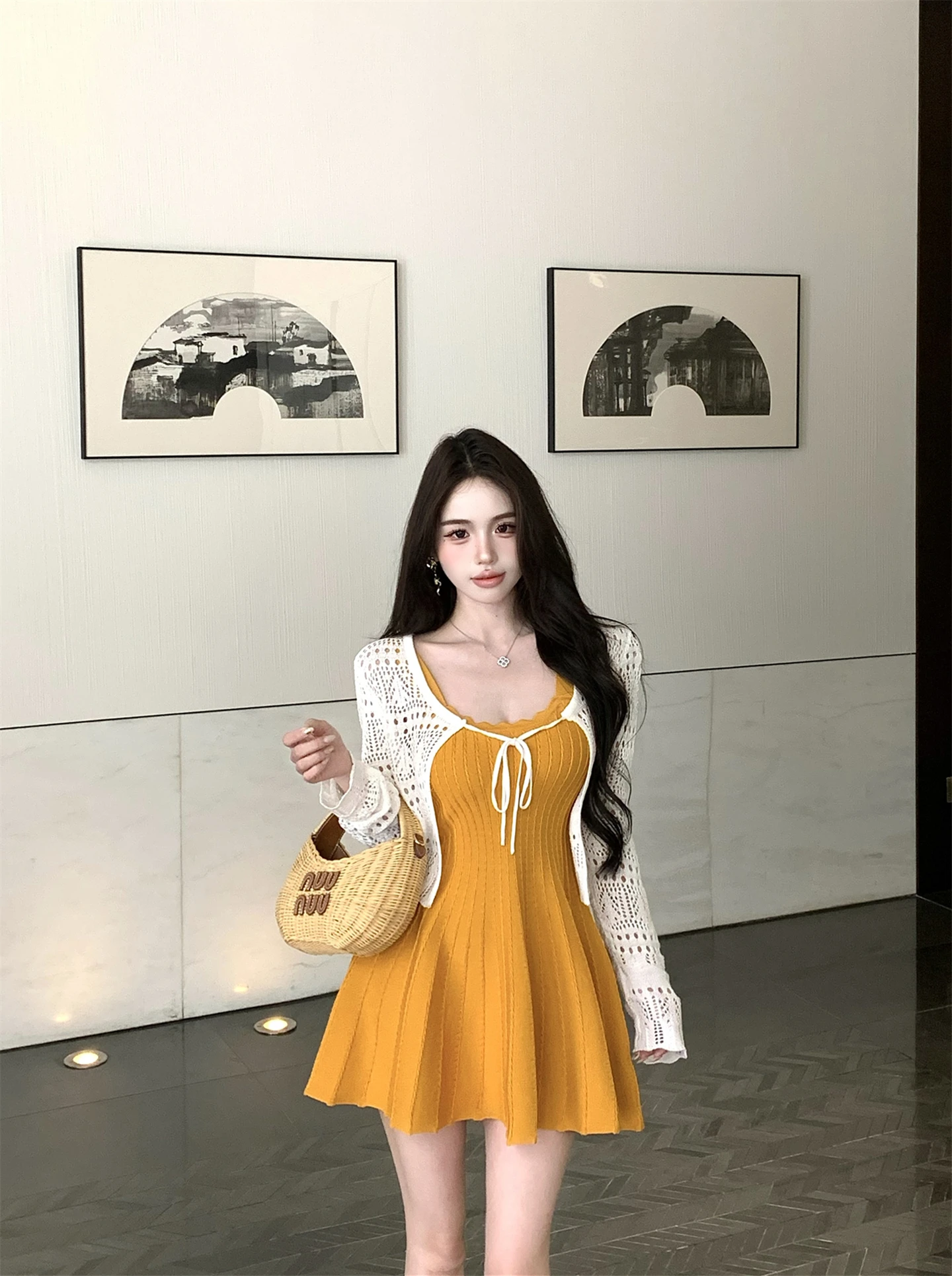 

Kumikumi Women's Summer Fashion Set Sun Protection Knitted Outerwear with Dress And Short Skirt Two-Piece Suite Soft Cream Color