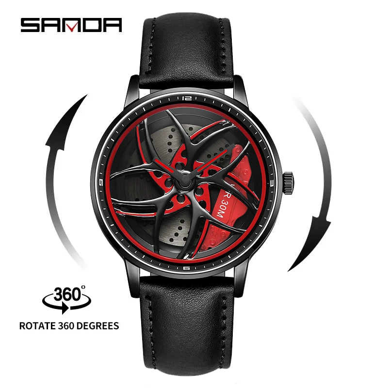 SANDA P1091 Mens Luxury Casual Leather Strap Sport Quartz Wristwatch 2023 Creative Design 360 Rotating Car Wheel Dial Male Clock