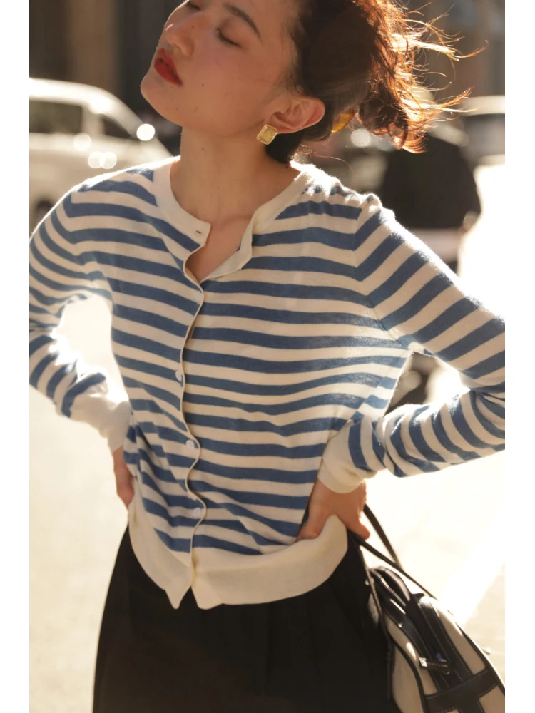 

Ohmyloli Women's Knitted Open Cardigan Loose Long Sve Striped Early Autumn Vintage Sle Casual Top Quali Faionable