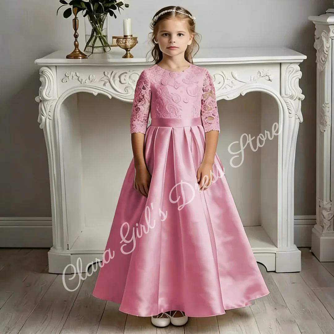 First Communion Dress Cute Little Flower Girl Dress Custom Satin with Lace Prints and Bows Children's Birthday Party Dress