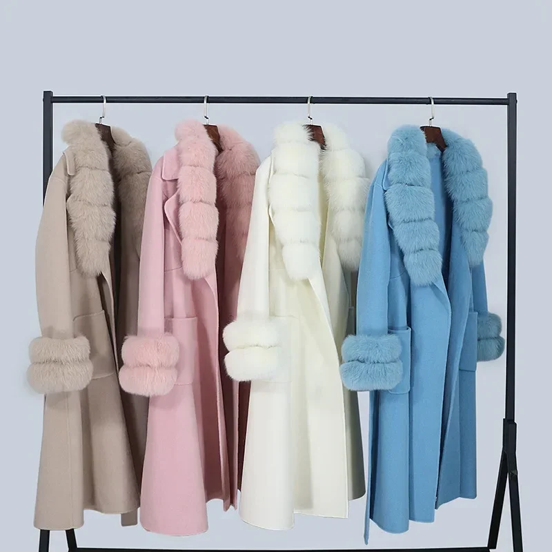 Autumn Winter Fashion Long Removable Oversized Fox Fur Collar Doublesided Cashmere Coat Women Double-sided Wool Coat Woolen Coat