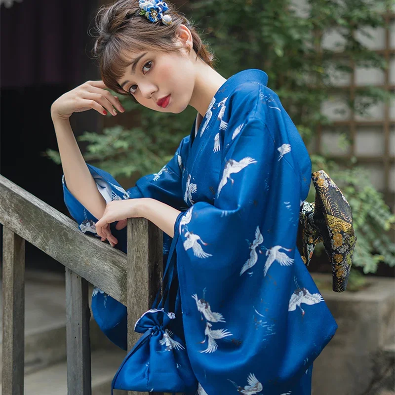 

Women's Japan Style Formal Kimono Vintage Photography Dress Cosplay Costume Dark Blue Color Crane Prints Traditional Yukata