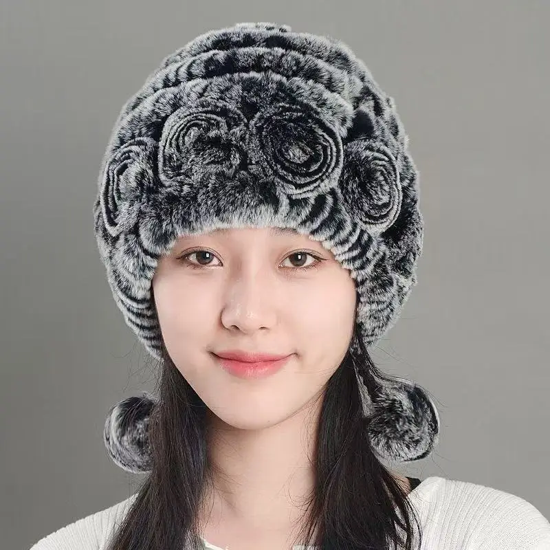 Women Real Rex Rabbit Fur Floral Beanie Hat With Side Pom Poms Warm Winter Fashion Ladies Fur Cap Multi Colors Available