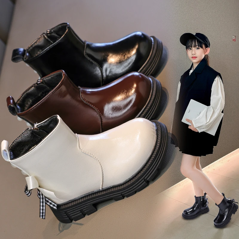 

Новые зимние хлопковые ботинки для девочек, детские ботильоны на платформе с милым бантом, модные детские повседневные ботинки, теплые универсальные ботинки