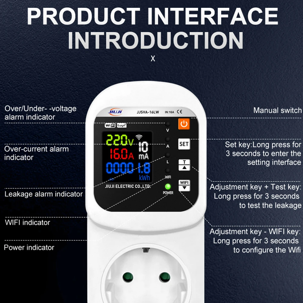 Tuya WiFi Adjustable Voltage and Current Protector Socket Digital Display Multifunctional Refrigerator Protective Socket