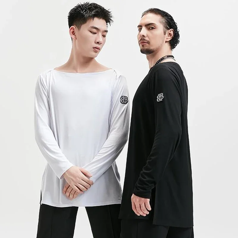 Long Sleeves White Black T Shirt Cha Cha Rumba Dance Training Practice Clothes Adult Male Salsa Top Men Latin Dance Tops