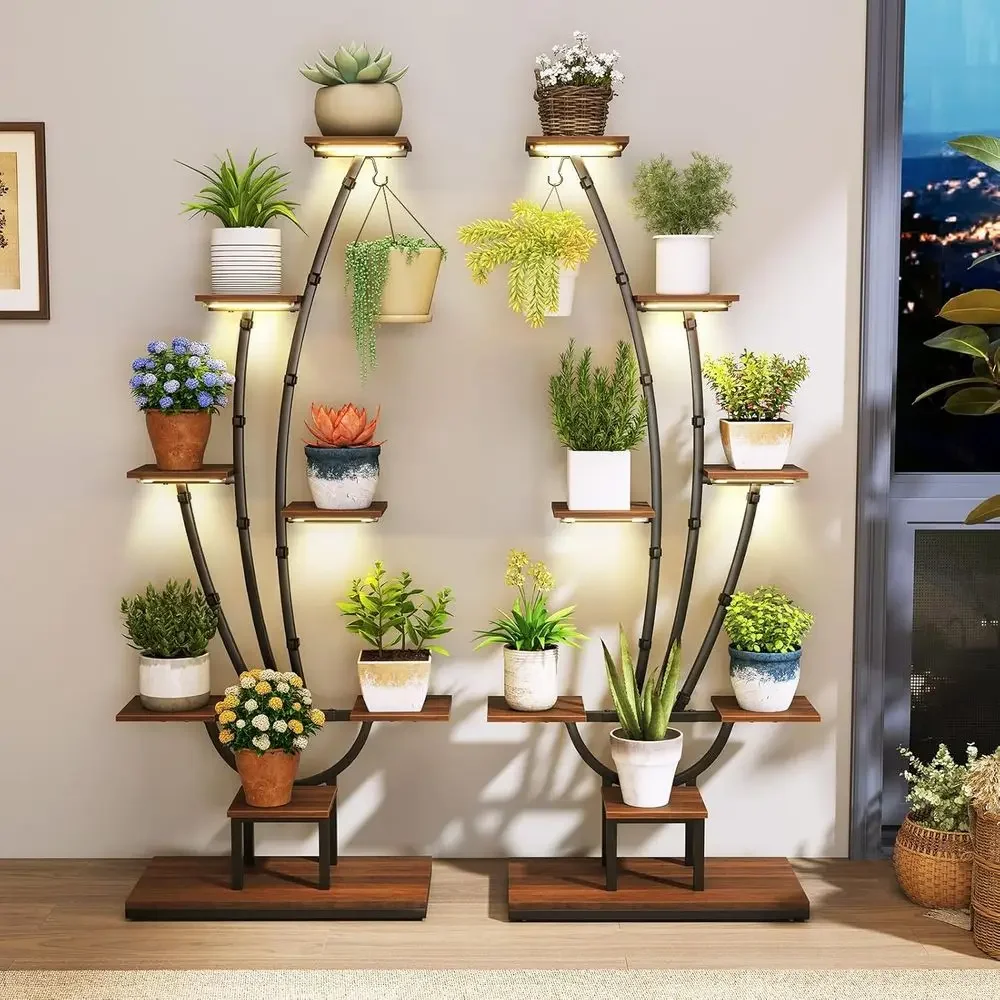 حامل نباتات زاوية داخلي مكون من 8 طبقات مع أضواء للنمو، رف معدني منحني للنباتات المتعددة، مثالي لغرفة المعيشة والمنزل والشرفة #1