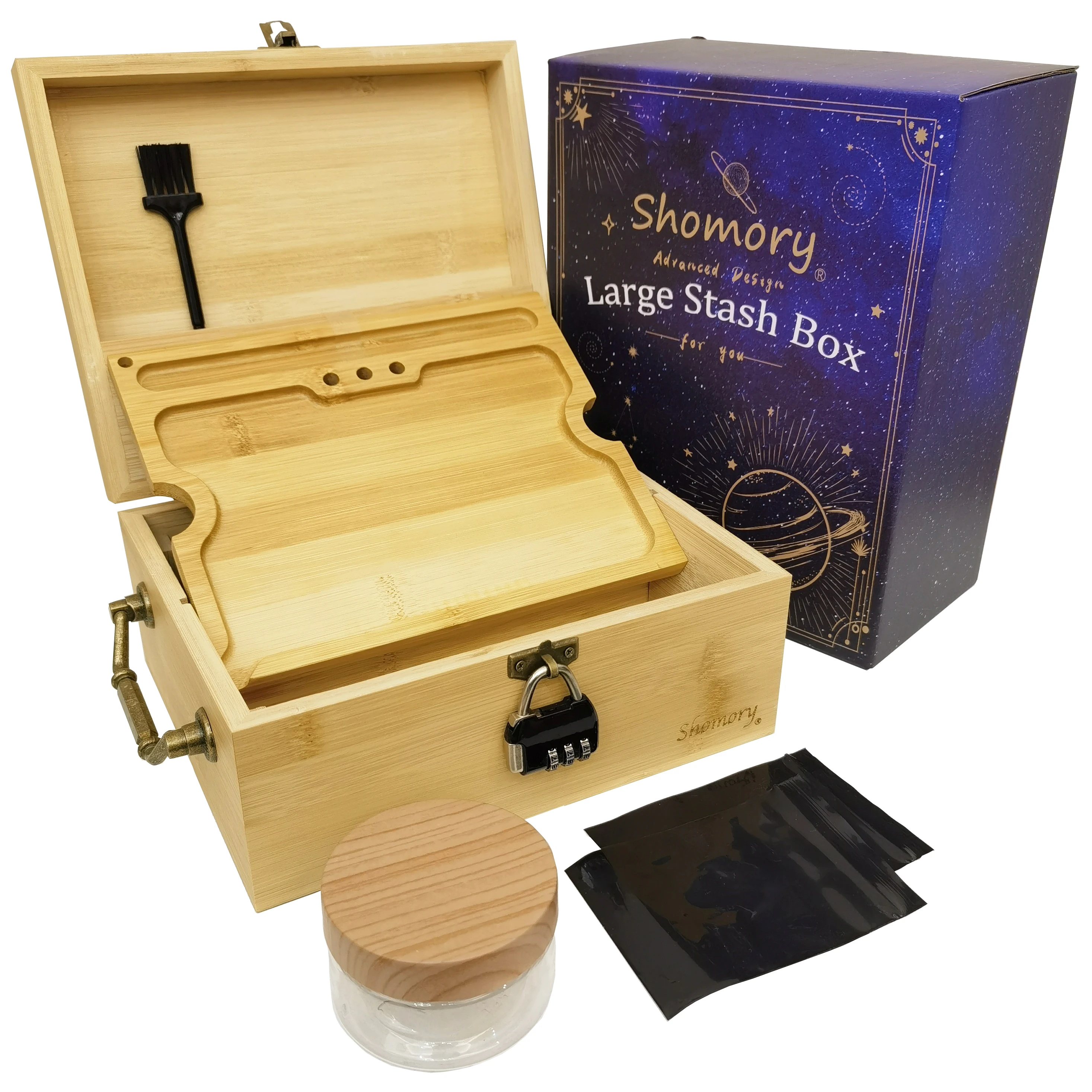 Wooden Storage Stash Box With Rolling Tray, Bamboo Box With Lock And Accessories, Smoking Paper Anti-odor Canister Private Box