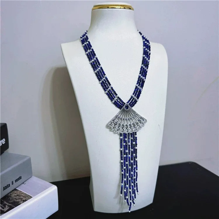 Natural lapis lazuli inlaid with small pearl necklace CZ Pendent