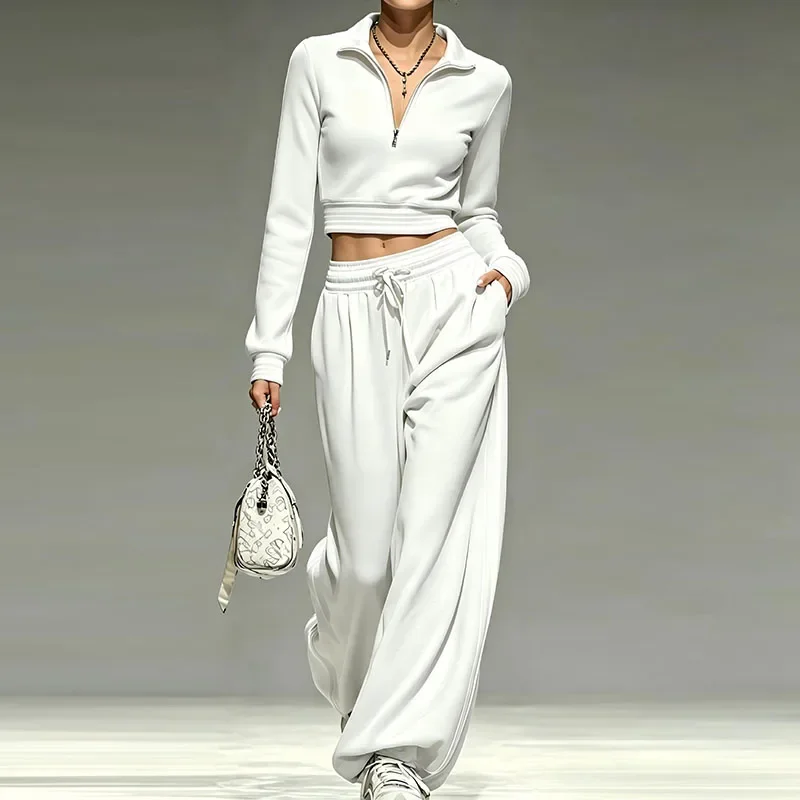 Half Zip Crop Sweatshirt & Wide Leg Jogger Pants Set Long Sleeve Solid 2 Piece Tracksuit Women Autumn Casual Sport Co Ord Outfit