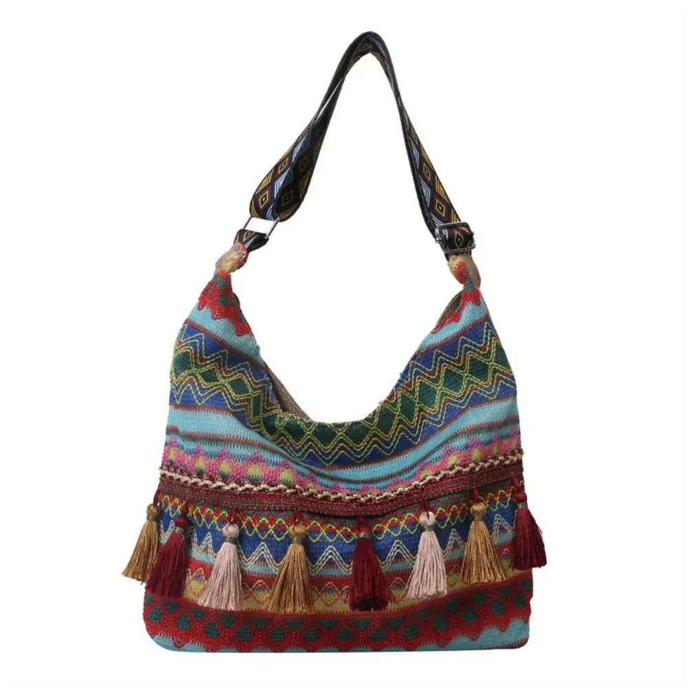 Tassel Ethnic Style Crossbody Bags Large Capacity Messenger Bag Fringe Shoulder Bag Geometric Woven Bag Bohemian Tote Bag Travel