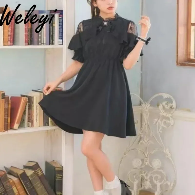 

Sweet Jirai Kei Women's Ruffled Dress Lolita 2024 Summer New Japanese Style Cute Woman Lace Stitching Bow Ruffled Short Dresses