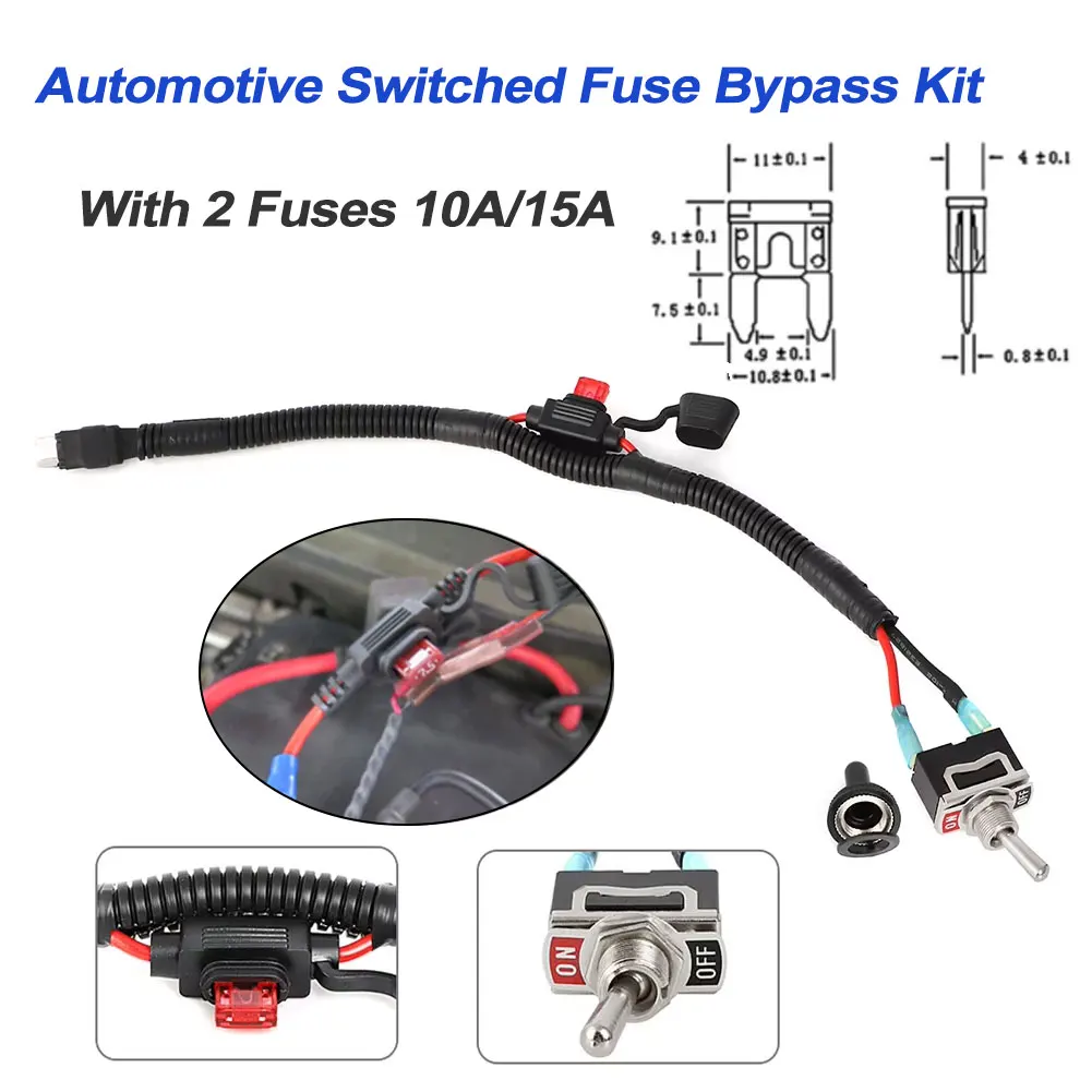 Universeller Kfz-Schaltsicherungs-Bypass-Kit-Schalter für Mini-Sicherungshalter 35 cm mit 10 A und 15 A Sicherungen