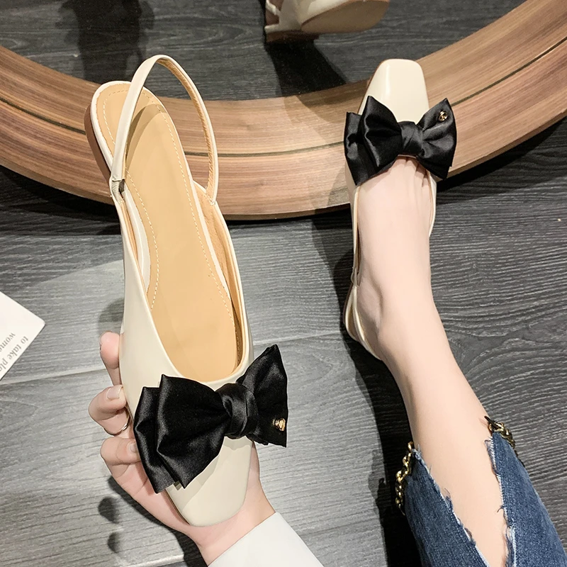 

2022 Popular Spring New Baotou Soft Leather Sandals Fairy Style Square Head Bow Women's Shoes Wine Red Back Empty Shoes Women