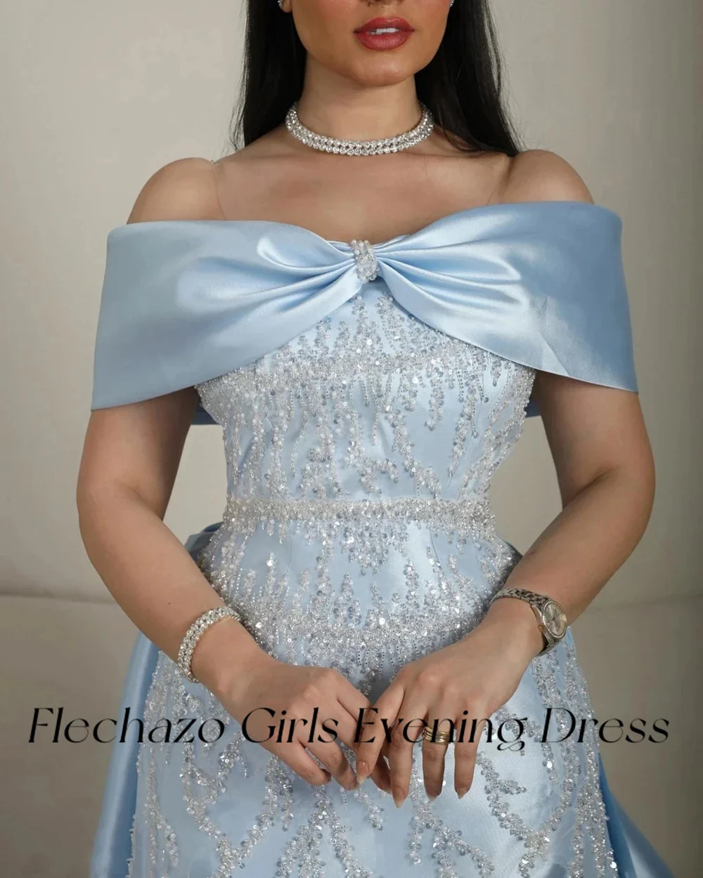 Flechazo Sky Blue Satin Prom Dresses Off Shoulder Beads Floor-length Formal Occasion Party Dress For Women 2024 vestidos de gala