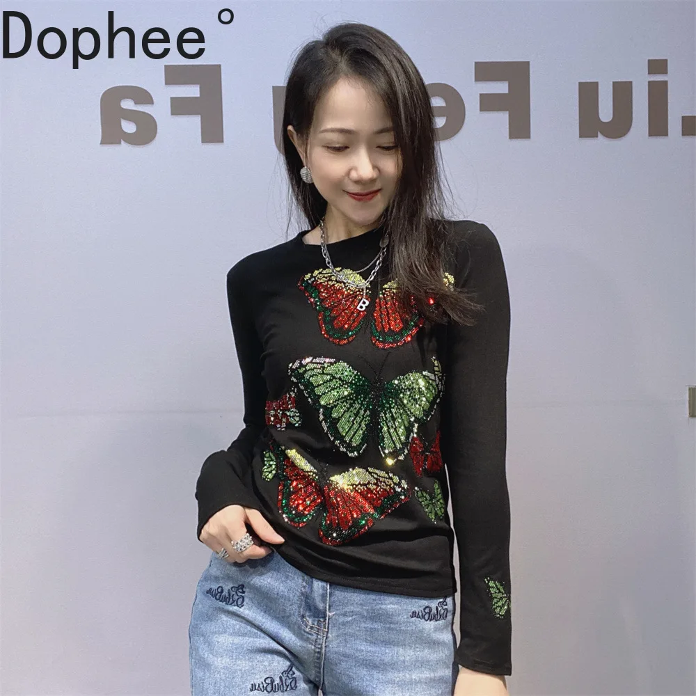 

High Stretch Autumn Long Sleeve Women T-shirt Trendy Butterfly Hot Drilling Slimming Basic Tees Round Neck Diamonds Pullover Top