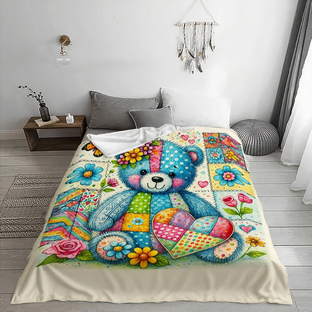 Cute Blue Bear Floral Patchwork Throw Blanket Nursery Decor Kids Springtime Bed Cozy Gift Whimsical Comforter Accent