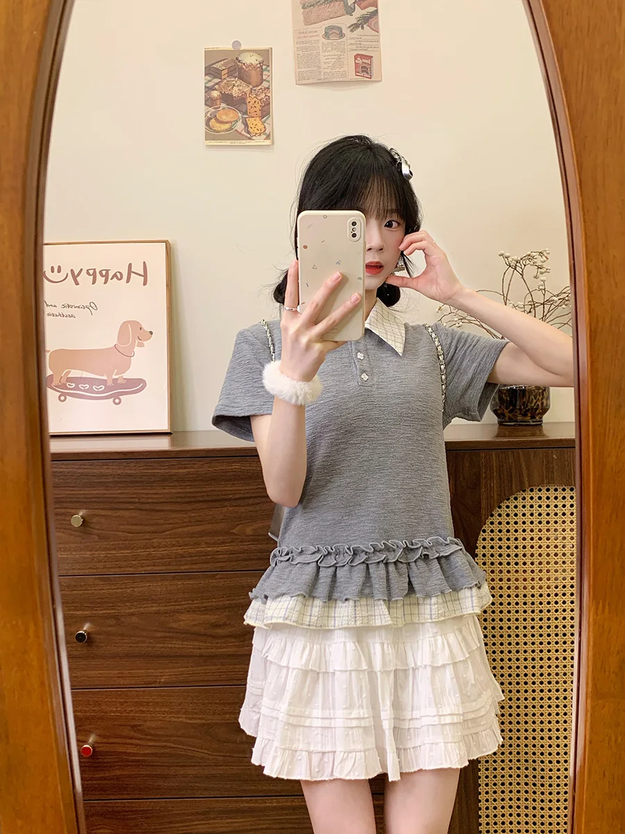 Cute Girl Plaid Ruffle Splice Fake Two-Piece  Shirt Short Sleeve Women's Design College Style Top Cotton Pure Sweat Absor...