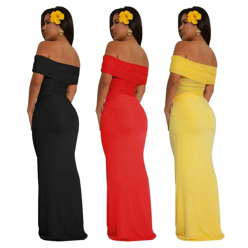 Hermosos vestidos largos fruncidos con hombros descubiertos para mujer, trajes amarillos, Vestido de playa drapeado de malla transparente elegante