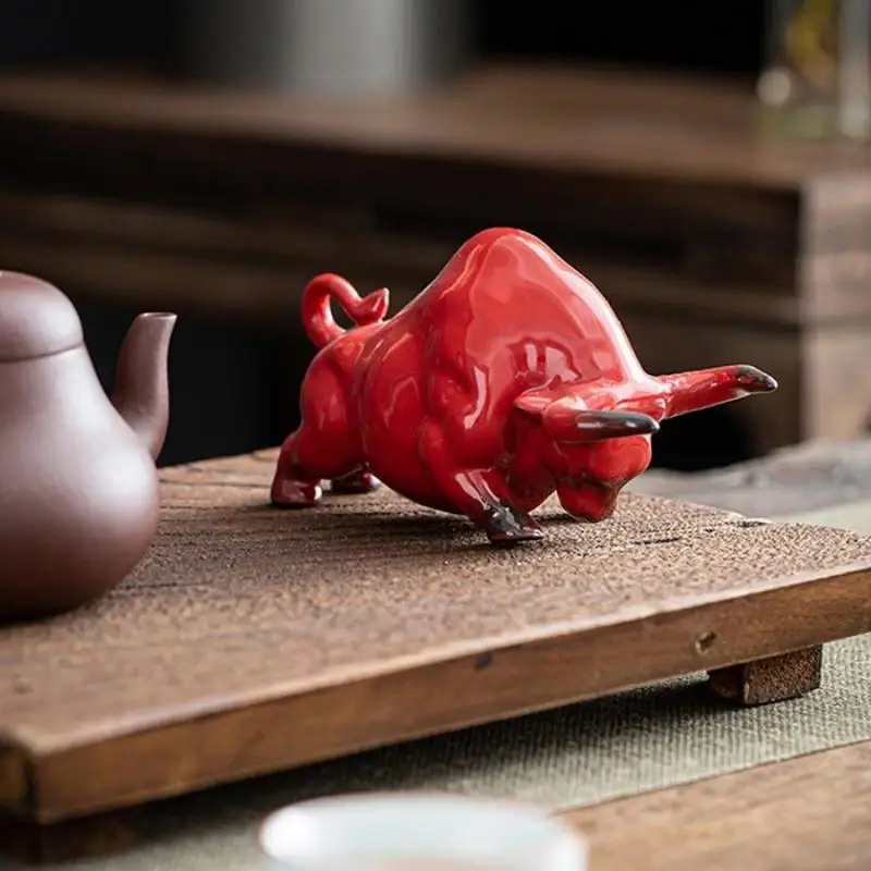 1Pc Chinese Traditional Culture Creative Ceramic Red Bull Figurines Decoration Home Office Desktop Animal Statue Gift