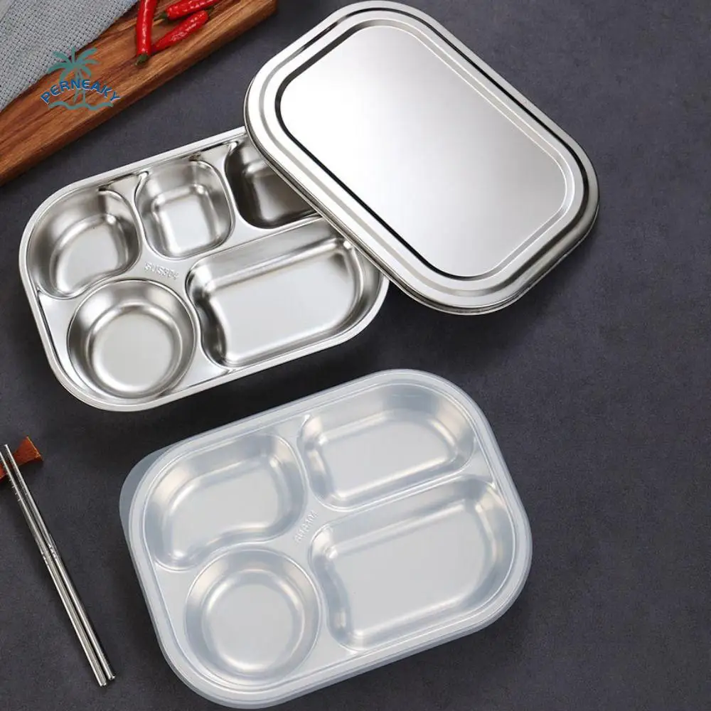 

4/5-Compartments Divided Dinner Tray 304 Stainless Steel with Lid Divided Dinner Plate Deepened School Food Plate Canteen
