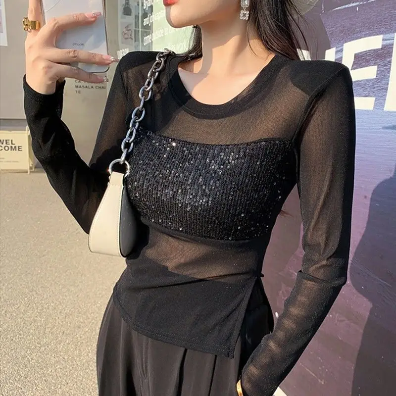 

Unique Round Neck Sequined Patchwork Long Sleeved Mesh T-shirt Women Spring New Fashionable Top