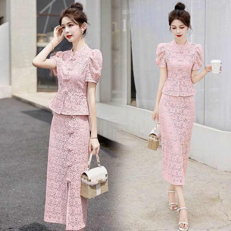 

Set Improved Cheongsam Skirt Set For Women 2024 Summer New Style Chinese Socialite Temperament Bag Hip Skirt Two Piece Fashion