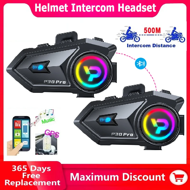 

1/2x BT6.0 Motorcycle Intercom Helmet Headset 500M Wireless Interphone Handsfree Waterproof 1000mah For 2 Riders Music Headphone