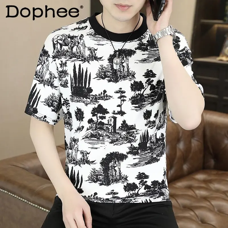 

High-End New Printed Short-Sleeved T-shirt 2024 Summer Round Neck Half-Sleeved Trendy T-shirts All-Matching Handsome Men's Top