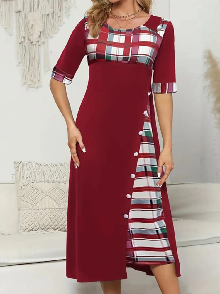 

New Round Neck Contrasting Mid-sleeved Irregular Long Women's Dress Fashionable Casual Button Decorative Long Skirt Females