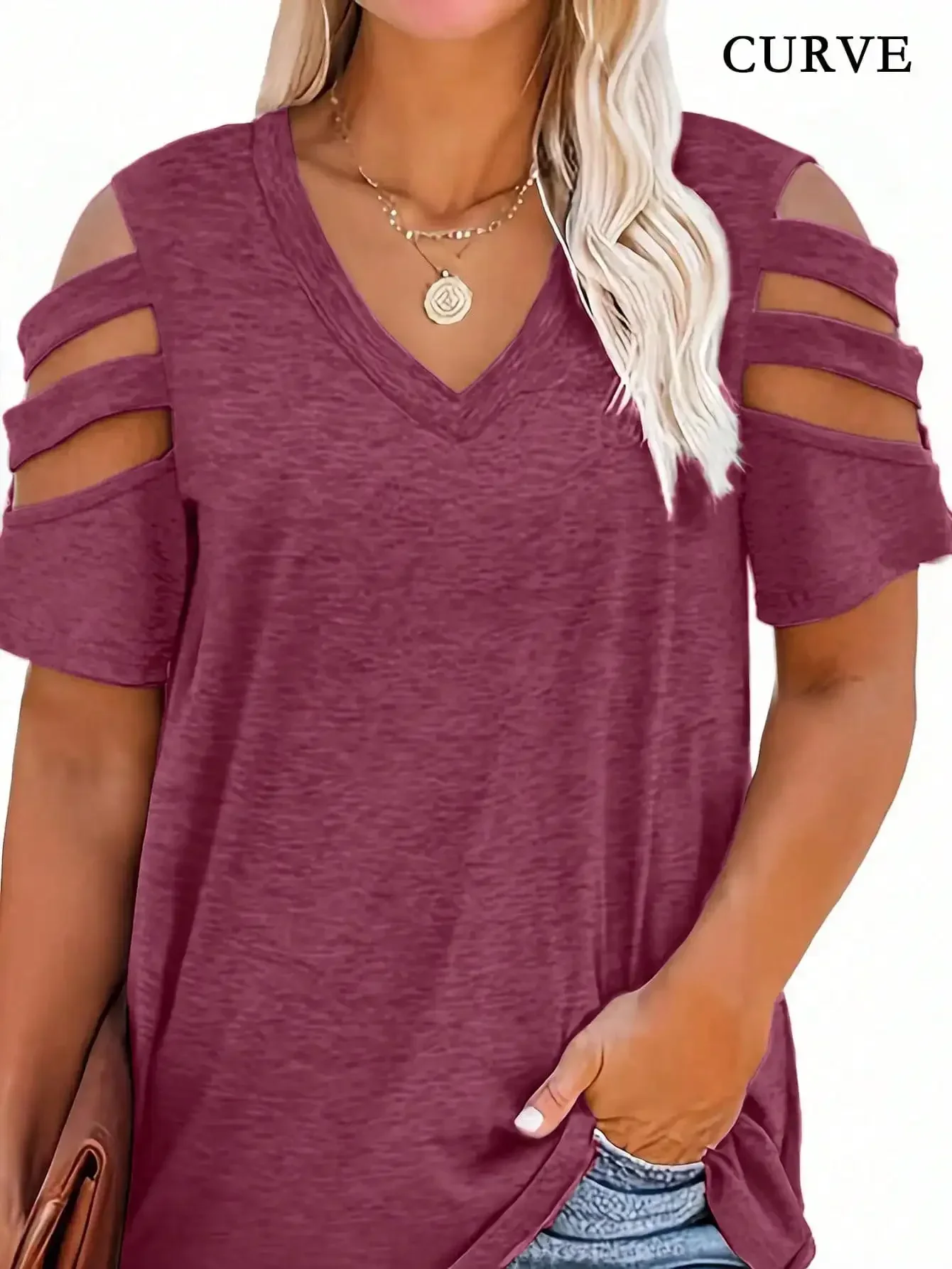 

Plus Size 1XL-5XL Women V-neck Hollow Shoulder Exposed Short Fashion Sleeved Casual T-shirt Summer Loose Top T-shirt