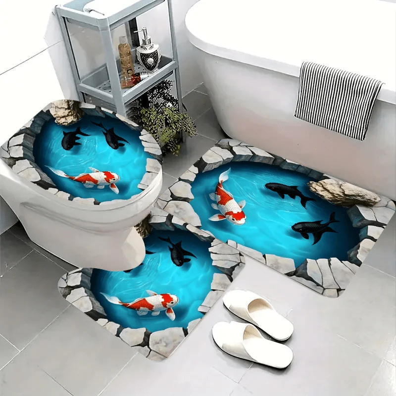 

3pcs Koi Pond Bathroom Rug Set Non-Slip U-Shaped Mat and Toilet Lid Cover Green Water Stone Nature Theme Washable Floor Mats