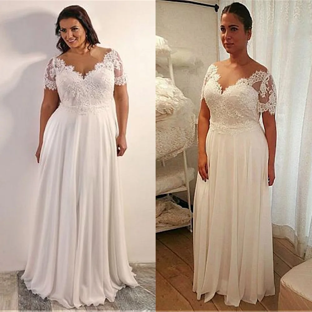 Plus Size Short Sleeves Lace Chiffon Long Wedding Dresses Sweep Train Pleated Custom Made Bridal Gowns Formal Vestidso De Mariee