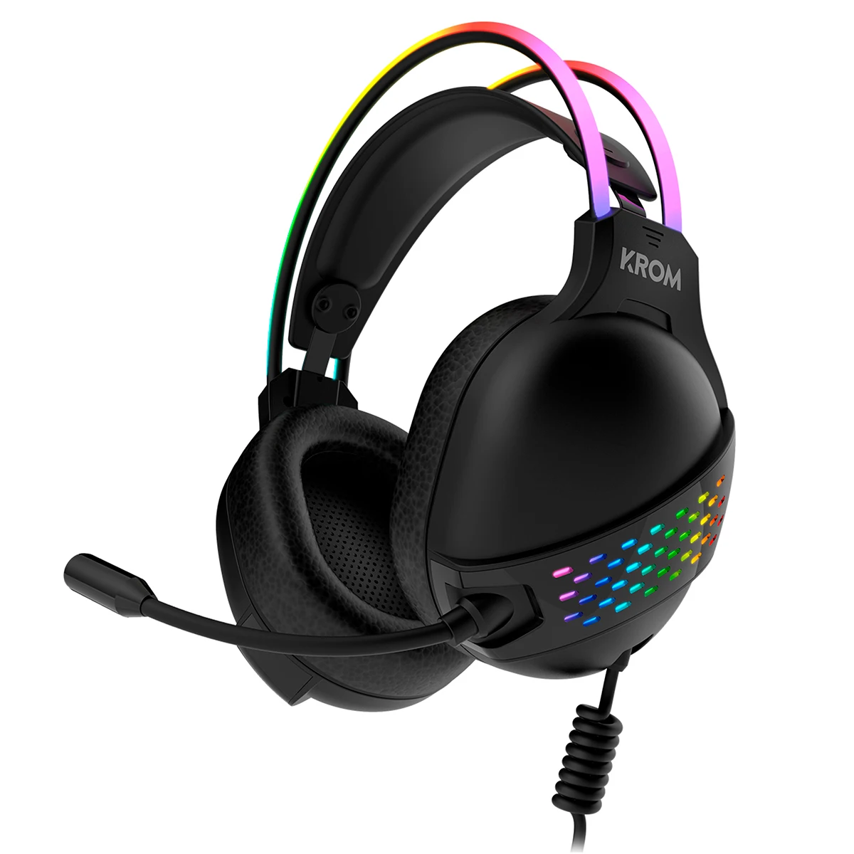 KROM KLAIM-microphone headset, Rainbow RGB LED Stereo sound, 50mm speakers, adjustable headband, Micro Flexible, USB, PC Compatible, Black